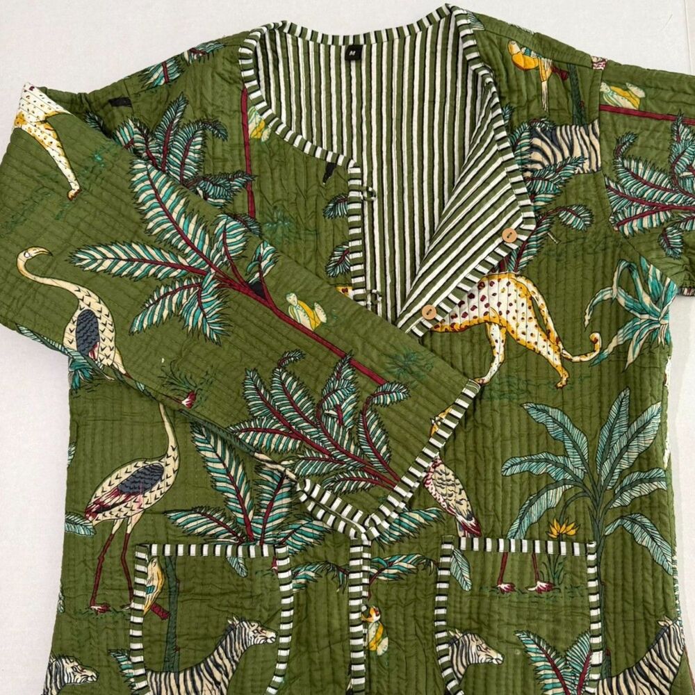 Olive Green Indian Quilted Jacket Jungle Striped Print, M, Handmade Eclectic